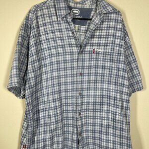 ecko unltd Men's Light Blue White Plaid Short Sleeve Button-Up Shirt XXL Cotton!